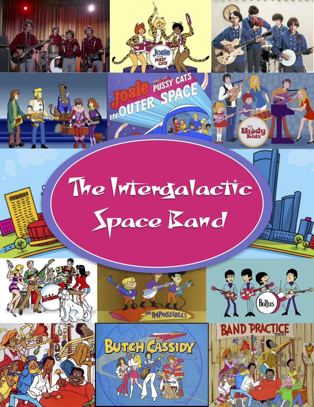 An collage of cartoon bands as comps for The Intergalactic Space Band