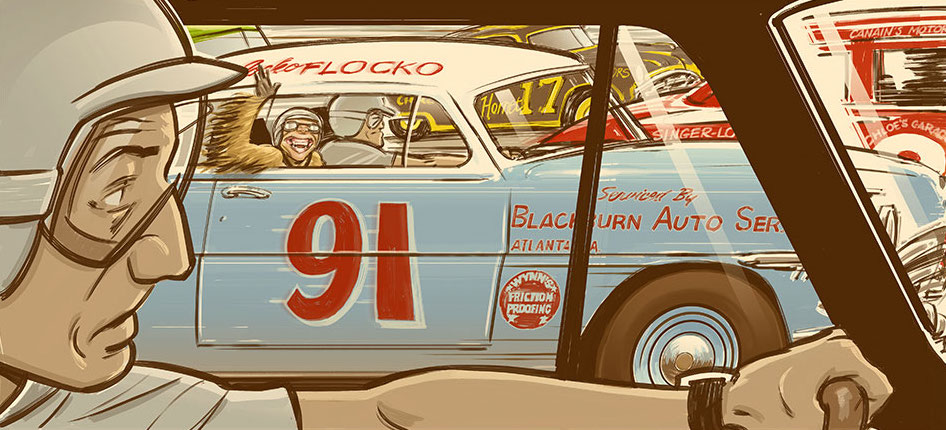 An illustration by David K. Stanley. Man races car while monkey waves and laughs from the competing racecar